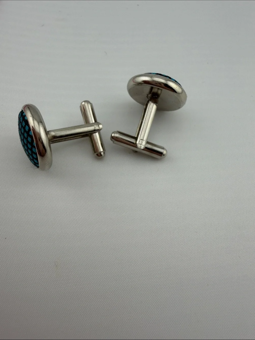 Men's Vintage Blue Patterned Round Cufflinks - Silver Tone